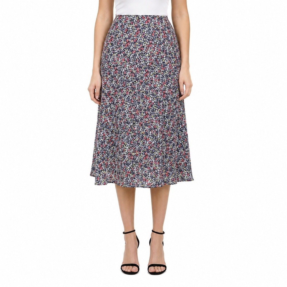 Loft Outlet Petite Floral Midi Skirt Gray Pink Ditsy Print Elastic Waist SP